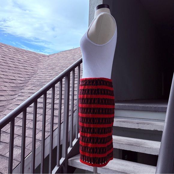 W Worth Black Red Midi Straight Skirt Size 4 Woven Striped Lined Pencil Retro - Picture 7 of 15
